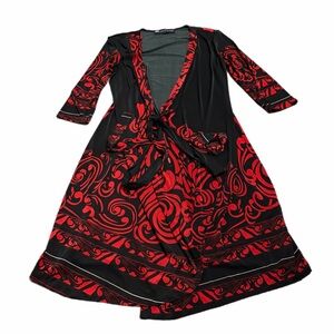 Y2K Vintage Coco & Tashi Brocade Abstract Swirl Faux Wrap Dress (Red/Black) L